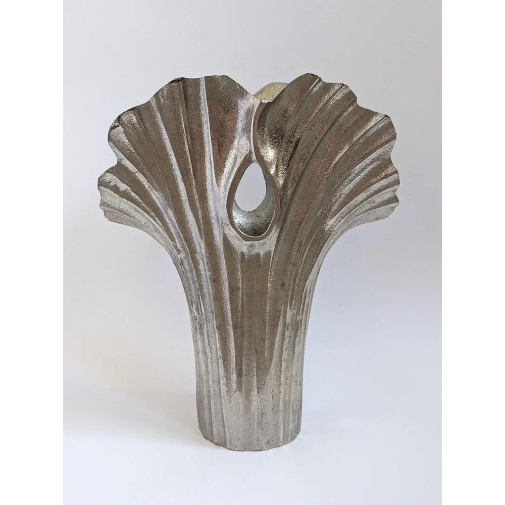 Postmodern Ginkgo Leaf Metal Vase Cast Aluminum? Sculptural Silver Decor 12.5